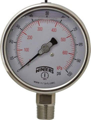 Winters - 4" Dial, 1/2 Thread, 0-100 Scale Range, Pressure Gauge - Lower Connection Mount, Accurate to 1% of Scale - Eagle Tool & Supply
