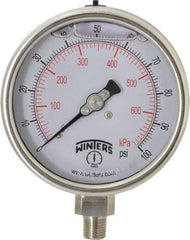 Winters - 4" Dial, 1/4 Thread, 0-100 Scale Range, Pressure Gauge - Lower Connection Mount, Accurate to 1% of Scale - Eagle Tool & Supply
