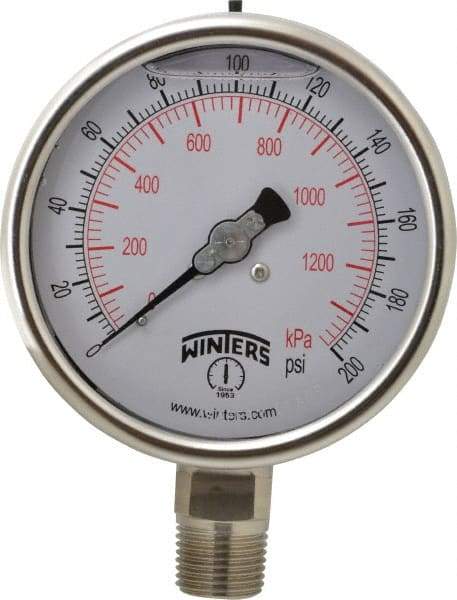 Winters - 4" Dial, 1/2 Thread, 0-200 Scale Range, Pressure Gauge - Lower Connection Mount, Accurate to 1% of Scale - Eagle Tool & Supply