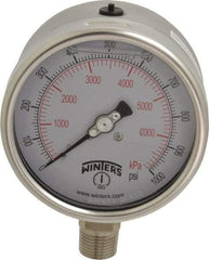 Winters - 4" Dial, 1/2 Thread, 0-1,000 Scale Range, Pressure Gauge - Lower Connection Mount, Accurate to 1% of Scale - Eagle Tool & Supply