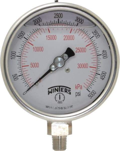 Winters - 4" Dial, 1/4 Thread, 0-5,000 Scale Range, Pressure Gauge - Lower Connection Mount, Accurate to 1% of Scale - Eagle Tool & Supply