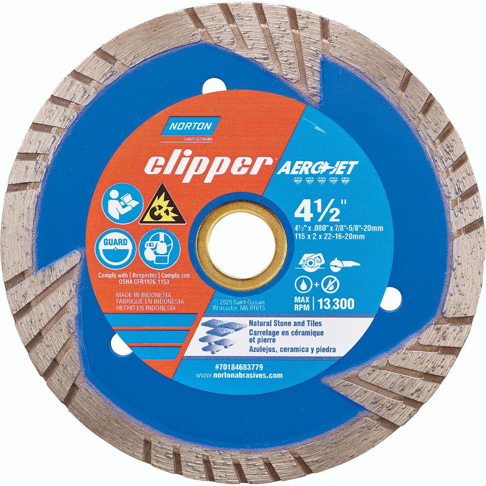 Wet & Dry Cut Saw Blade: 4-1/2″ Dia, 7/8″ Arbor Hole, 0.08″ Kerf Width, 1 Teeth High Speed Steel Teeth, Use on Ceramic Tile, Standard Arbor