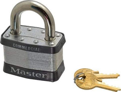 Master Lock - 1" Shackle Clearance, Keyed Different Padlock - 15/16" Shackle Width, 3/8" Shackle Diam, Laminated Steel - Eagle Tool & Supply