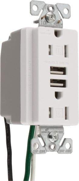 Cooper Wiring Devices - 2 USB Port, 2 Receptacle, 125 VAC, 5 VDC USB Receptacle - 5-15R NEMA Configuration, 15 Amp, White, 2.1 Amp Charging Power, Automatic Grounding, Screw Mount - Eagle Tool & Supply