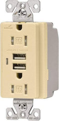 Cooper Wiring Devices - 2 USB Port, 2 Receptacle, 125 VAC, 5 VDC USB Receptacle - 5-15R NEMA Configuration, 15 Amp, Ivory, 2.1 Amp Charging Power, Automatic Grounding, Screw Mount - Eagle Tool & Supply