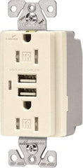 Cooper Wiring Devices - 2 USB Port, 2 Receptacle, 125 VAC, 5 VDC USB Receptacle - 5-15R NEMA Configuration, 15 Amp, Light Almond, 2.1 Amp Charging Power, Automatic Grounding, Screw Mount - Eagle Tool & Supply