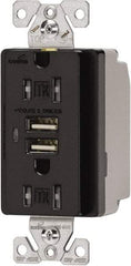 Cooper Wiring Devices - 2 USB Port, 2 Receptacle, 125 VAC, 5 VDC USB Receptacle - 5-15R NEMA Configuration, 15 Amp, Black, 2.1 Amp Charging Power, Automatic Grounding, Screw Mount - Eagle Tool & Supply