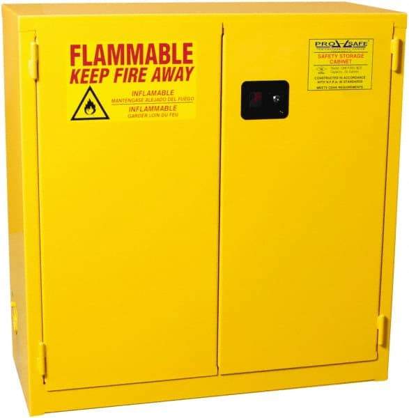 PRO-SAFE - 2 Door, 1 Shelf, Yellow Steel Standard Safety Cabinet for Flammable and Combustible Liquids - 44" High x 43" Wide x 18" Deep, Self Closing Door, 3 Point Key Lock, 30 Gal Capacity - Eagle Tool & Supply