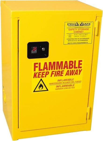 PRO-SAFE - 1 Door, 1 Shelf, Yellow Steel Space Saver Safety Cabinet for Flammable and Combustible Liquids - 35" High x 23" Wide x 18" Deep, Self Closing Door, 3 Point Key Lock, 12 Gal Capacity - Eagle Tool & Supply