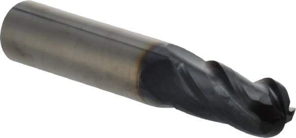 OSG - 29/64" Diam, 1" LOC, 4 Flute Solid Carbide Ball End Mill - TiAlN Finish, Single End, 3" OAL, 1/2" Shank Diam, Spiral Flute - Eagle Tool & Supply