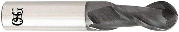 OSG - 10mm Diam, 25mm LOC, 2 Flute Solid Carbide Ball End Mill - TiAlN Finish, Single End, 70mm OAL, 10mm Shank Diam, Spiral Flute - Eagle Tool & Supply