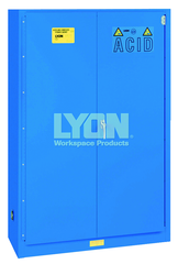 Acid Storage Cabinet - #5545 - 43 x 18 x 65" - 45 Gallon - w/2 shelves, three poly trays, bi-fold self-closing door - Blue Only - Eagle Tool & Supply