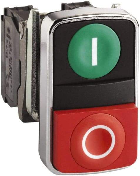 Schneider Electric - 22mm Mount Hole, Flush, Pushbutton Switch Only - Rectangle, Green and Red Pushbutton, Nonilluminated, Momentary (MO), On-Off, Shock and Vibration Resistant - Eagle Tool & Supply