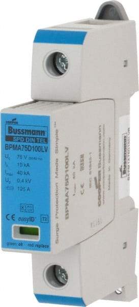 Cooper Bussmann - 1 Pole, 1 Phase, 10 kA Nominal Current, 90mm Long x 18mm Wide x 65mm Deep, Thermoplastic Hardwired Surge Protector - DIN Rail Mount, 100 VDC, 75 VAC, 100 VDC, 75 VAC Operating Voltage, 40 kA Surge Protection - Eagle Tool & Supply