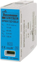 Cooper Bussmann - 1 Pole, 1 Phase, 10 kA Nominal Current, 90mm Long x 18mm Wide x 65mm Deep, Thermoplastic Hardwired Surge Protector - DIN Rail Mount, 100 VDC, 75 VAC, 100 VDC, 75 VAC Operating Voltage, 40 kA Surge Protection - Eagle Tool & Supply