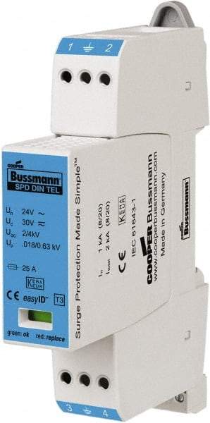 Cooper Bussmann - 2 Pole, 1 Phase, 1 kA Nominal Current, 90mm Long x 18mm Wide x 66mm Deep, Thermoplastic Hardwired Surge Protector - DIN Rail Mount, 48 VAC/VDC, 60 VAC/VDC Operating Voltage, 2 kA Surge Protection - Eagle Tool & Supply