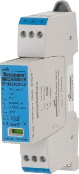 Cooper Bussmann - 2 Pole, 1 Phase, 1 kA Nominal Current, 90mm Long x 18mm Wide x 66mm Deep, Thermoplastic Hardwired Surge Protector - DIN Rail Mount, 24 VAC/VDC, 30 VAC/VDC Operating Voltage, 4 kA Surge Protection - Eagle Tool & Supply