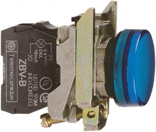 Schneider Electric - 230-240 VAC at 50/60 Hz Blue Lens LED Pilot Light - Round Lens, Screw Clamp Connector, 30mm Wide, Vibration Resistant, Water Resistant - Eagle Tool & Supply