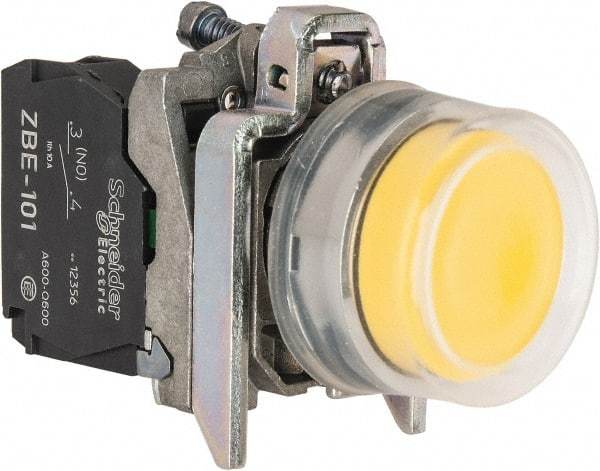 Square D - 0.87 Inch Mount Hole, Pushbutton Switch Only - Round, Yellow Pushbutton, Illuminated, Momentary (MO), Shock and Vibration Resistant - Eagle Tool & Supply
