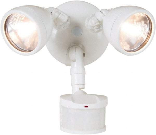 Cooper Lighting - 2 Head, 70 Ft. Detection, 270° Angle, Halogen Lamp Motion Sensing Light Fixture - 120 Volt, 200 Watt, Metal White Housing, Wall, Eave Mounted - Eagle Tool & Supply
