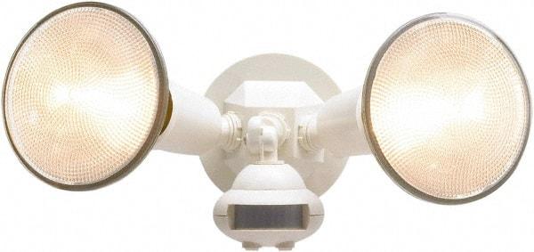 Cooper Lighting - 2 Head, 60 Ft. Detection, 110° Angle, PAR38 Lamp Motion Sensing Light Fixture - 120 Volt, 300 Watt, Plastic White Housing, Wall, Eave Mounted - Eagle Tool & Supply