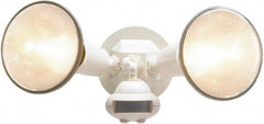 Cooper Lighting - 2 Head, 60 Ft. Detection, 110° Angle, PAR38 Lamp Motion Sensing Light Fixture - 120 Volt, 300 Watt, Plastic White Housing, Wall, Eave Mounted - Eagle Tool & Supply
