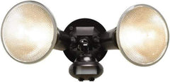Cooper Lighting - 2 Head, 60 Ft. Detection, 110° Angle, PAR38 Lamp Motion Sensing Light Fixture - 120 Volt, 300 Watt, Plastic Black Housing, Wall, Eave Mounted - Eagle Tool & Supply