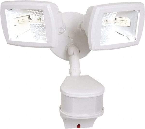 Cooper Lighting - 2 Head, 90 Ft. Detection, 270° Angle, Halogen Lamp Motion Sensing Light Fixture - 120 Volt, 200 Watt, Metal White Housing, Wall, Eave Mounted - Eagle Tool & Supply