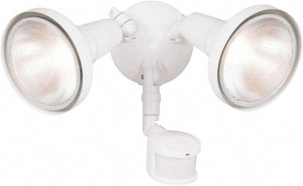 Cooper Lighting - 2 Head, 70 Ft. Detection, 180° Angle, PAR Lamp Motion Sensing Light Fixture - 120 Volt, 300 Watt, Metal White Housing, Wall, Eave Mounted - Eagle Tool & Supply