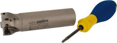 Iscar - 1-1/4" Cut Diam, 0.315" Max Depth of Cut, 1" Shank Diam, 4" OAL, Indexable Square Shoulder Helical End Mill - HM390 TPKT 1003 Inserts, Weldon Shank, 90° Lead Angle, Through Coolant, Series HeliIQMill - Eagle Tool & Supply