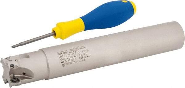 Iscar - 1-1/4" Cut Diam, 0.315" Max Depth of Cut, 1-1/4" Shank Diam, 7.87" OAL, Indexable Square Shoulder Helical End Mill - HM390 TPKT 1003 Inserts, Cylindrical Shank, 90° Lead Angle, Through Coolant, Series HeliIQMill - Eagle Tool & Supply