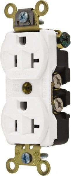 Hubbell Wiring Device-Kellems - 125 VAC, 20 Amp, 5-20R NEMA Configuration, White, Industrial Grade, Self Grounding Duplex Receptacle - 1 Phase, 2 Poles, 3 Wire, Flush Mount, Corrosion, Heat and Impact Resistant - Eagle Tool & Supply