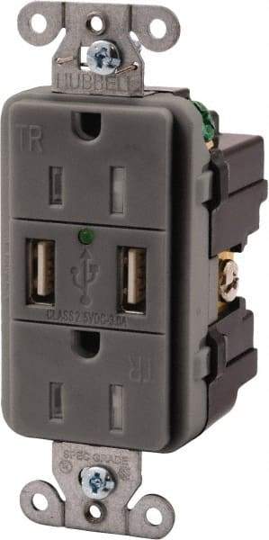 Hubbell Wiring Device-Kellems - 2 USB Port, 2 Receptacle, 125 VAC, 5 VDC USB Receptacle - 5-15R NEMA Configuration, 15 Amp, Gray, 3.8 Amp Charging Power, LED Indicator Light - Eagle Tool & Supply