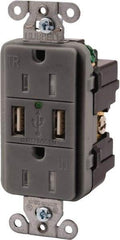 Hubbell Wiring Device-Kellems - 2 USB Port, 2 Receptacle, 125 VAC, 5 VDC USB Receptacle - 5-15R NEMA Configuration, 15 Amp, Gray, 3.8 Amp Charging Power, LED Indicator Light - Eagle Tool & Supply