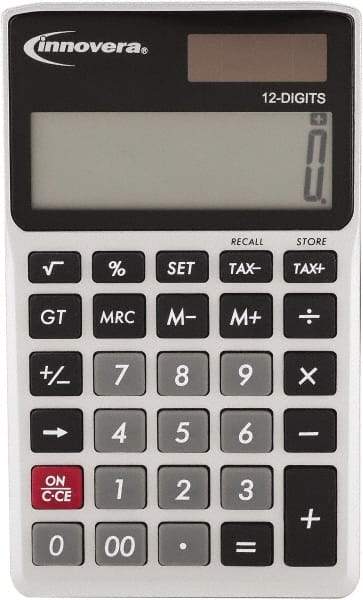 innovera - 12-Digit LCD 4 Function Handheld Calculator - 14mm Display Size, Silver & Black, Solar & Battery Powered - Eagle Tool & Supply