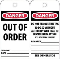 NMC - 6" High x 3" Long, DANGER - OUT OF ORDER, English Safety & Facility Accident Prevention Tag - Tag Header: Danger, 2 Sides, White Poly - Eagle Tool & Supply