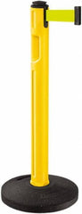 Lavi Industries - 38-1/4" High, 3-1/4" Pole Diam, Stanchion - 16" Base Diam, Dome Recycled Rubber Base, Yellow Plastic Post, 12' x 2" Tape, Single Line Tape, For Outdoor Use - Eagle Tool & Supply