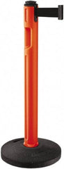 Lavi Industries - 38-1/4" High, 3-1/4" Pole Diam, Stanchion - 16" Base Diam, Dome Recycled Rubber Base, Orange Plastic Post, 12' x 2" Tape, Single Line Tape, For Outdoor Use - Eagle Tool & Supply