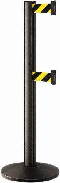 Lavi Industries - 40" High, 2-3/4" Pole Diam, Stanchion - 14" Base Diam, Dome Cast Iron Base, Black Aluminum Post, 7' x 2" Tape, Single Line Tape - Eagle Tool & Supply