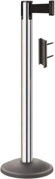 Lavi Industries - 38-1/2" High, 2-3/4" Pole Diam, Stanchion - 12-1/2" Base Diam, Round Steel Base, Polished Chrome (Color) Steel Post, 7' x 2" Tape, Single Line Tape - Eagle Tool & Supply