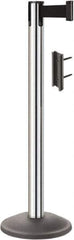 Lavi Industries - 38-1/2" High, 2-3/4" Pole Diam, Stanchion - 12-1/2" Base Diam, Round Steel Base, Polished Chrome (Color) Steel Post, 7' x 2" Tape, Single Line Tape - Eagle Tool & Supply