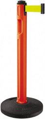 Lavi Industries - 38-1/4" High, 3-1/4" Pole Diam, Stanchion - 16" Base Diam, Dome Recycled Rubber Base, Orange Plastic Post, 12' x 2" Tape, Single Line Tape, For Outdoor Use - Eagle Tool & Supply