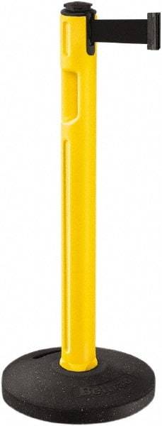 Lavi Industries - 38-1/4" High, 3-1/4" Pole Diam, Stanchion - 16" Base Diam, Dome Recycled Rubber Base, Yellow Plastic Post, 12' x 2" Tape, Single Line Tape, For Outdoor Use - Eagle Tool & Supply