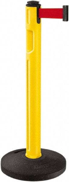 Lavi Industries - 38-1/4" High, 3-1/4" Pole Diam, Stanchion - 16" Base Diam, Dome Recycled Rubber Base, Yellow Plastic Post, 12' x 2" Tape, Single Line Tape, For Outdoor Use - Eagle Tool & Supply