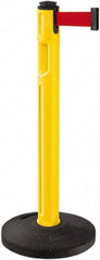 Lavi Industries - 38-1/4" High, 3-1/4" Pole Diam, Stanchion - 16" Base Diam, Dome Recycled Rubber Base, Yellow Plastic Post, 12' x 2" Tape, Single Line Tape, For Outdoor Use - Eagle Tool & Supply