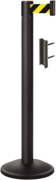 Lavi Industries - 38-1/2" High, 2-3/4" Pole Diam, Stanchion - 12-1/2" Base Diam, Round Steel Base, Black Steel Post, 7' x 2" Tape, Single Line Tape - Eagle Tool & Supply