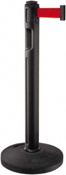Lavi Industries - 38-1/4" High, 3-1/4" Pole Diam, Stanchion - 16" Base Diam, Dome Recycled Rubber Base, Black Plastic Post, 12' x 2" Tape, Single Line Tape, For Outdoor Use - Eagle Tool & Supply