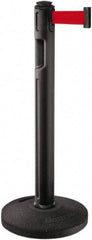 Lavi Industries - 38-1/4" High, 3-1/4" Pole Diam, Stanchion - 16" Base Diam, Dome Recycled Rubber Base, Black Plastic Post, 12' x 2" Tape, Single Line Tape, For Outdoor Use - Eagle Tool & Supply