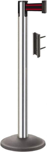 Lavi Industries - 38-1/2" High, 2-3/4" Pole Diam, Stanchion - 12-1/2" Base Diam, Round Steel Base, Polished Chrome (Color) Steel Post, 7' x 2" Tape, Single Line Tape - Eagle Tool & Supply