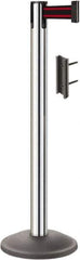 Lavi Industries - 38-1/2" High, 2-3/4" Pole Diam, Stanchion - 12-1/2" Base Diam, Round Steel Base, Polished Chrome (Color) Steel Post, 7' x 2" Tape, Single Line Tape - Eagle Tool & Supply